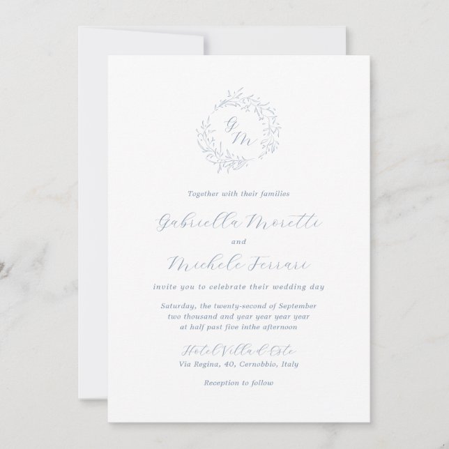 Periwinkle Monogram Foto Hochzeitseinladung mit UA Einladung (Vorderseite)
