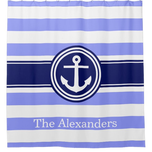 Periwinkle Navy Blue Rugby Stripe Anchor Monogram Duschvorhang (Vorderseite)