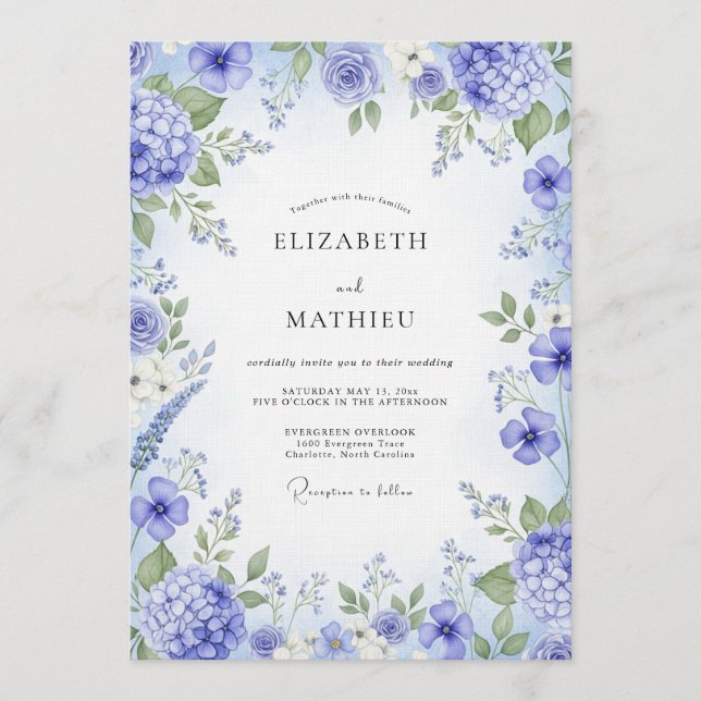 Periwinkle Painterly Bloom Wedding Einladung (Vorderseite)