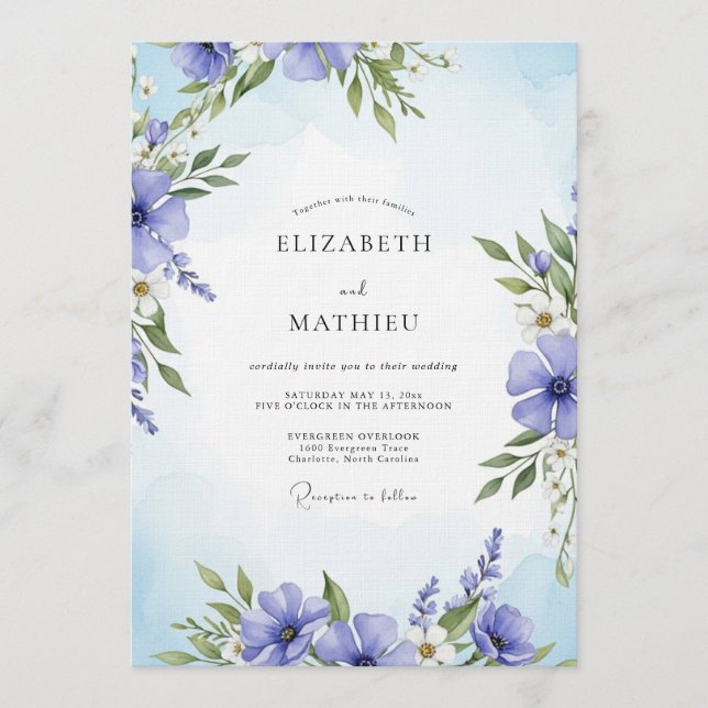 Periwinkle Painterly Floral Wedding Einladung (Vorderseite)