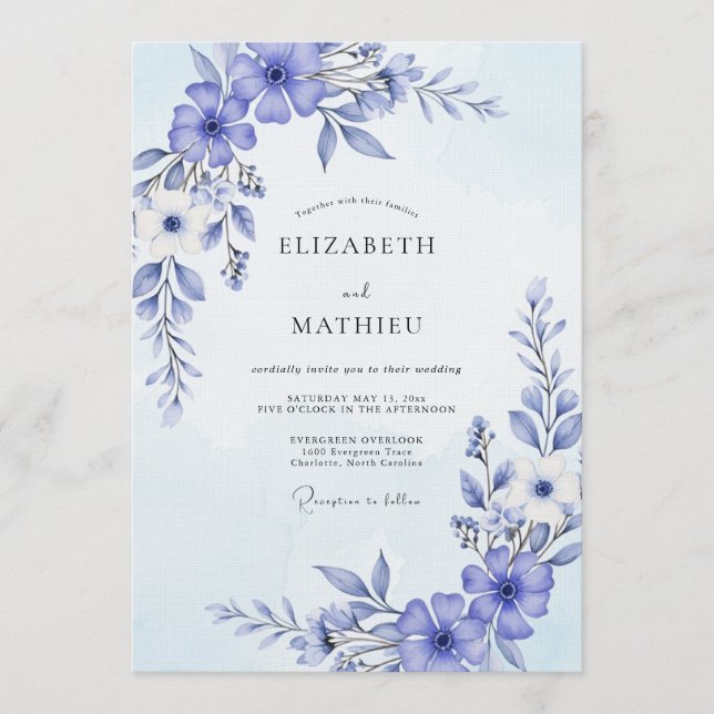 Periwinkle Painterly Flourish Wedding Einladung (Vorderseite)