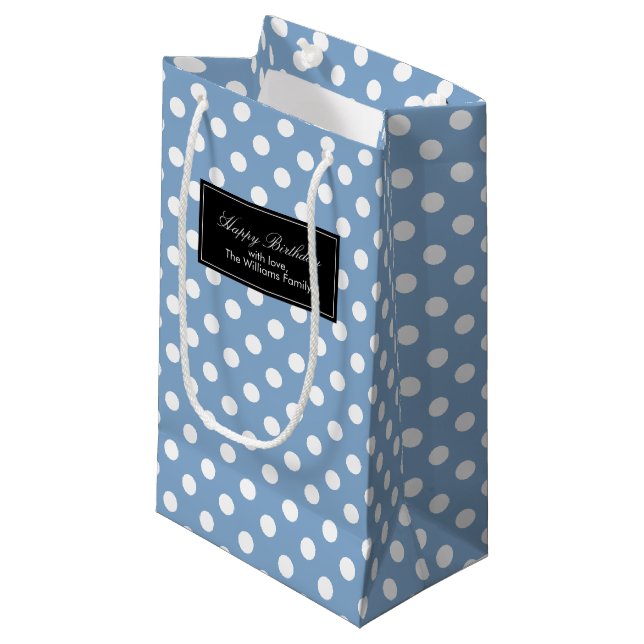 Periwinkle Polka Dots Personalisiert Kleine Geschenktüte (Vorderseite Schrägansicht)