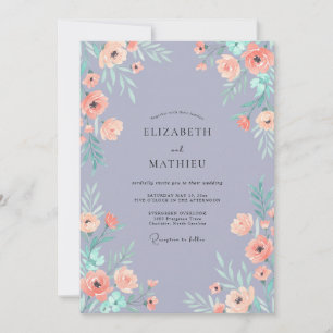 Periwinkle-Schamrot-Pfirsich-Pfingstrosen-Hochzeit Einladung