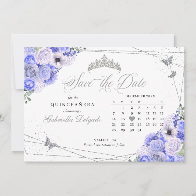 Periwinkle & Silver Quinceañera Save the Date Einladung (Vorderseite)