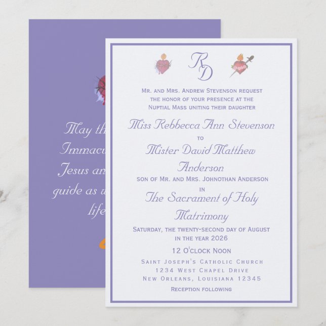 Periwinkle Two Hearts Catholic Wedding Invitation Einladung (Vorne/Hinten)