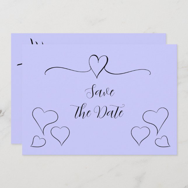 Periwinkle und Extravagante Kalligraphieherzen Save The Date (Vorne/Hinten)