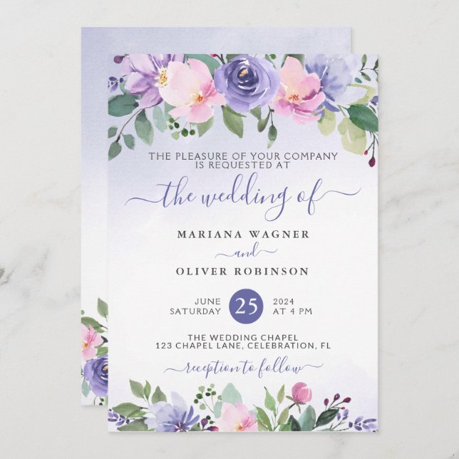 Periwinkle und Pink Watercolor Floral Wedding Invi Einladung (Vorne/Hinten)