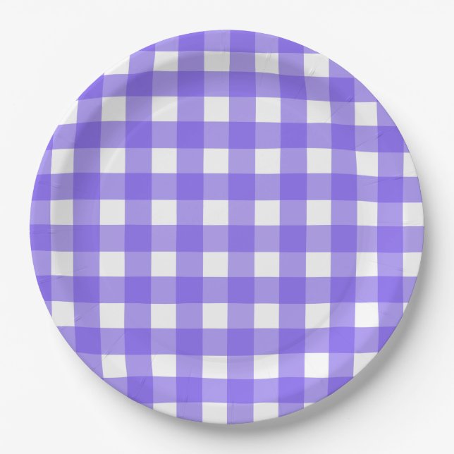 Periwinkle und weißer Gingham Pappteller (Vorderseite)