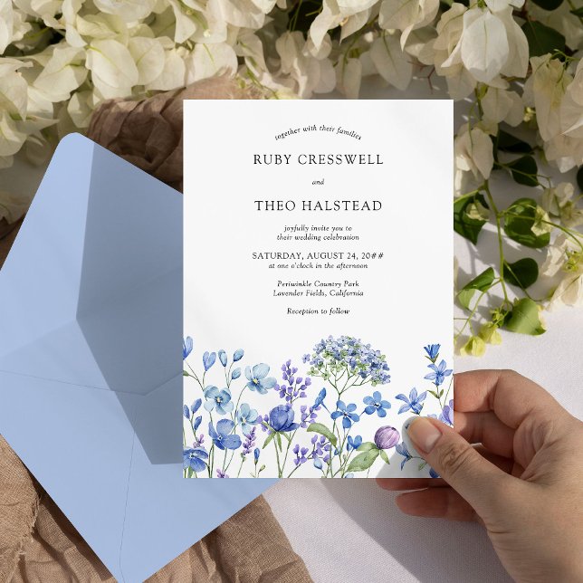 Periwinkle Wedding Delicate Floral Wildblume Einladung (Floral Wedding Invitation from my Lilac + Periwinkle Wildflower Wedding Collection)