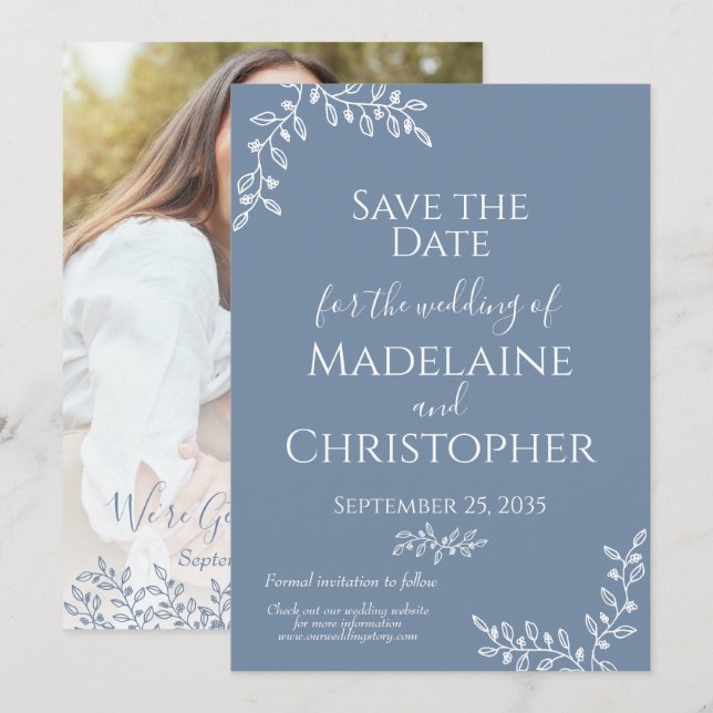Periwinkle White Botanical Boho Foto Wedding Save The Date (Vorne/Hinten)
