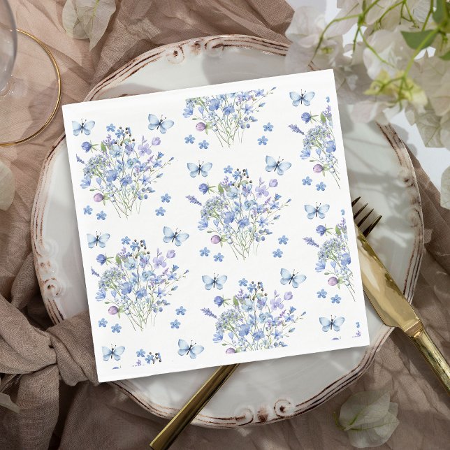 Periwinkle Wildblume Butterflies Blumenhochzeit Serviette (Delicate Floral and Butterfly Napkins from my Lilac + Periwinkle Wildflower Wedding Collection)