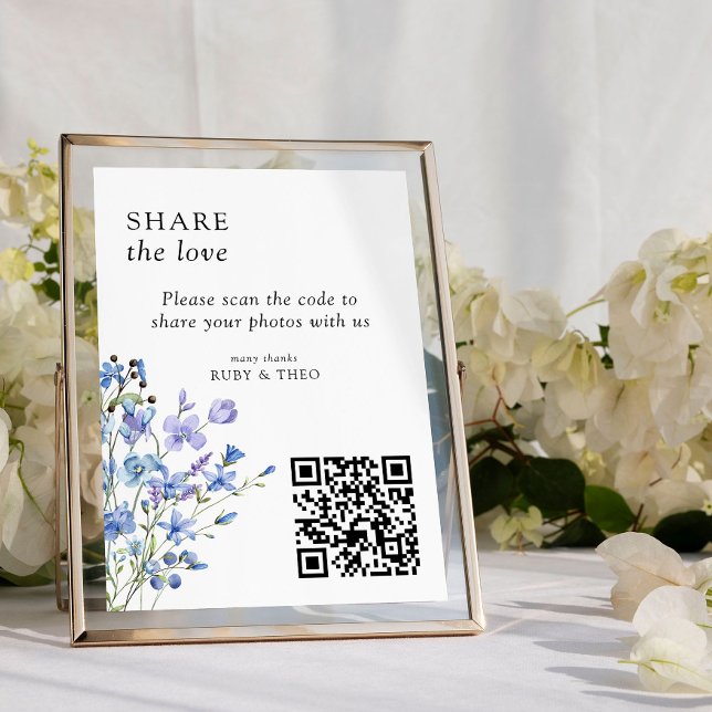 Periwinkle Wildblume QR Code Foto Sharing Card Einladung (Photo Sharing sign from my Lilac + Periwinkle Wildflower Wedding Collection)