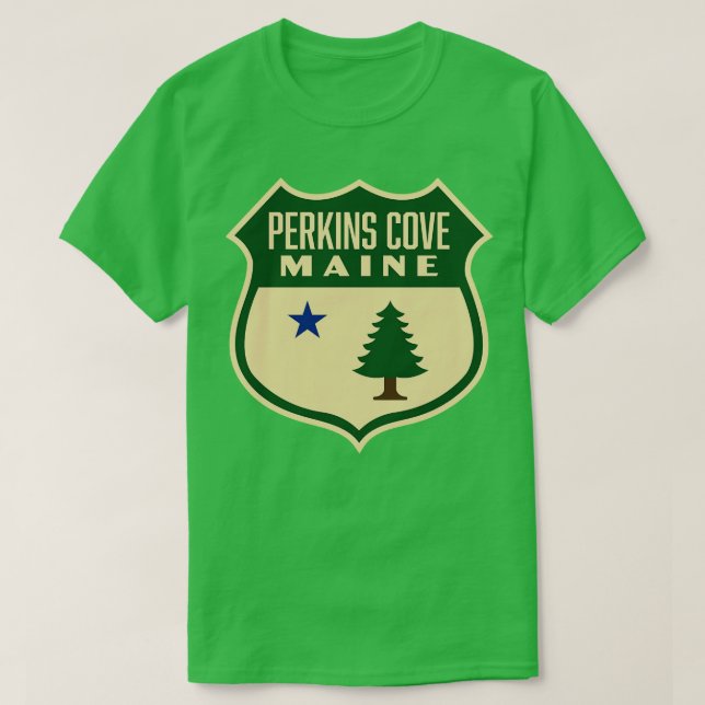 Perkins Cove Maine Retro Pine Tree Shield Green T-Shirt (Design vorne)