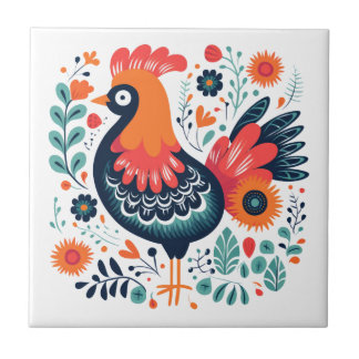 Perky Rooster skandinavische Folklorekunst Fliese
