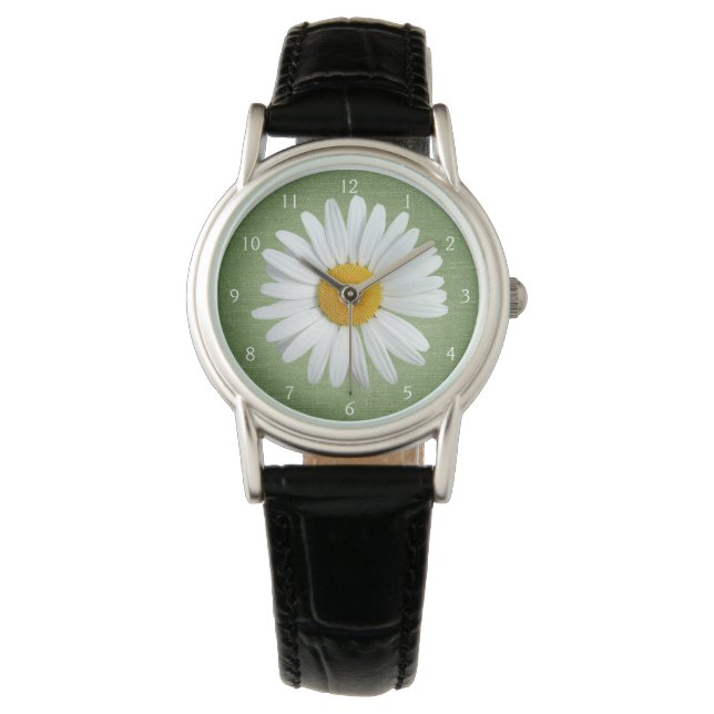 Perky White Daisy Blume mit grünem Hintergrund Armbanduhr (Vorderseite)