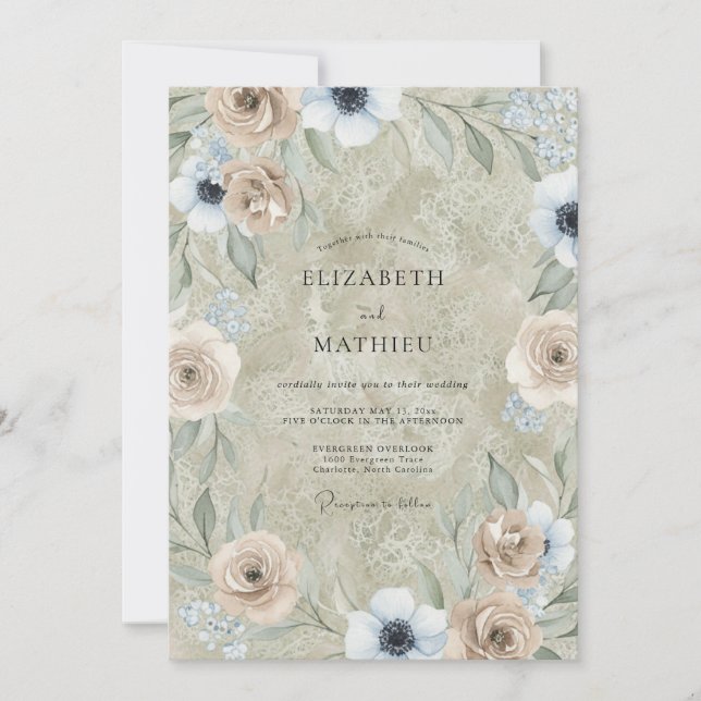Perl-Taupe-Anemone-Hochzeit Einladung (Vorderseite)