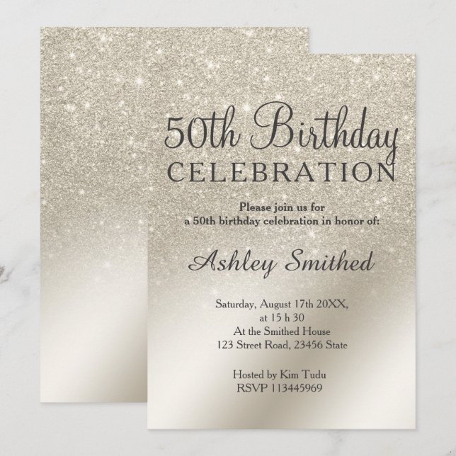 Perle Elfenbein Glitzer ombre metallic 50. Geburts Einladung (Vorne/Hinten)