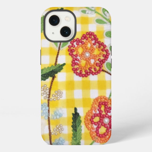 Perlen-Blumenmuster auf Gingham iPhone Hülle (Rückseite)