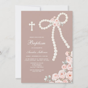 Perlen Bogen und Rosen auf Taupe Taufe Einladung