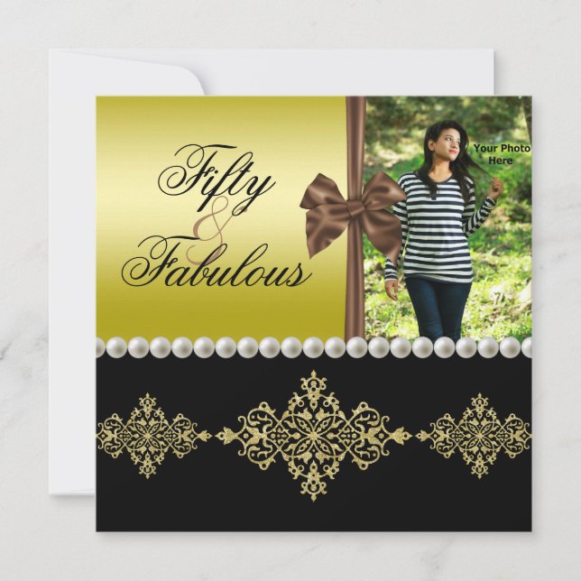 Perlen & Bow Gold & Black Fabulous 50 Foto Frauen Einladung (Vorderseite)