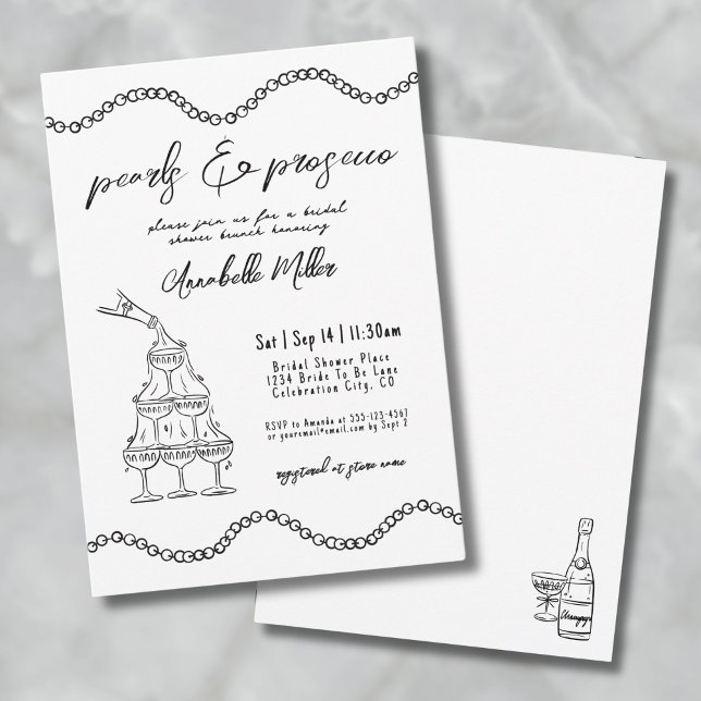 Perlen der Whimsikhandgezogenen Prosecco-Brautpart Einladung (Whimsical Hand Drawn Pearls Prosecco Bridal Shower Invitation)