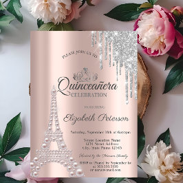 Perlen, Eiffelturm, Tropfen Rose Gold Quinceñera Einladung