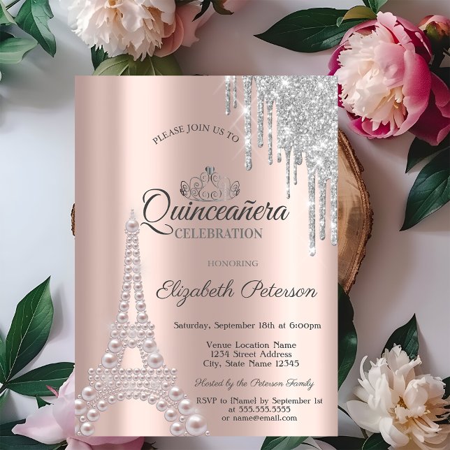 Perlen, Eiffelturm, Tropfen Rose Gold Quinceñera Einladung (Von Creator hochgeladen)