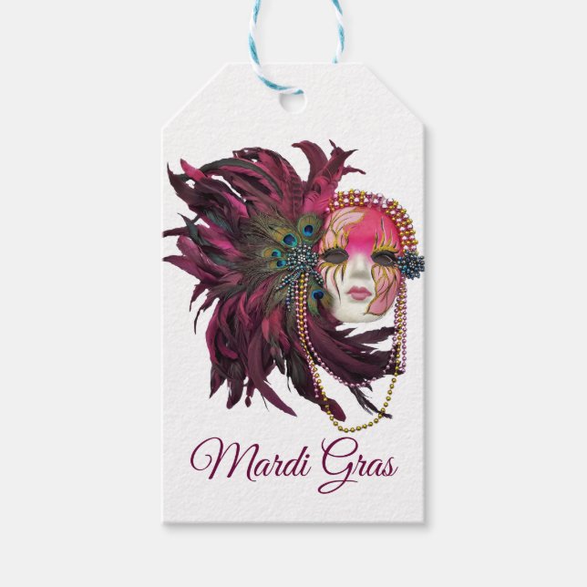 Perlen, Federn und Mardi Gras Maske Geschenkanhänger (Vorderseite)