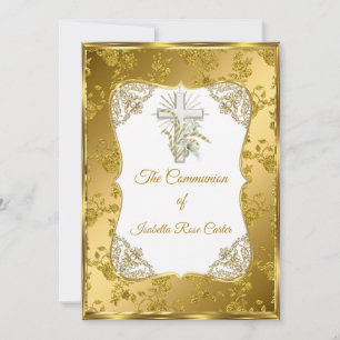 Perlen-Gold-Weiß-Kreuz-Heilige-Kommunion-Rose-Dama Einladung