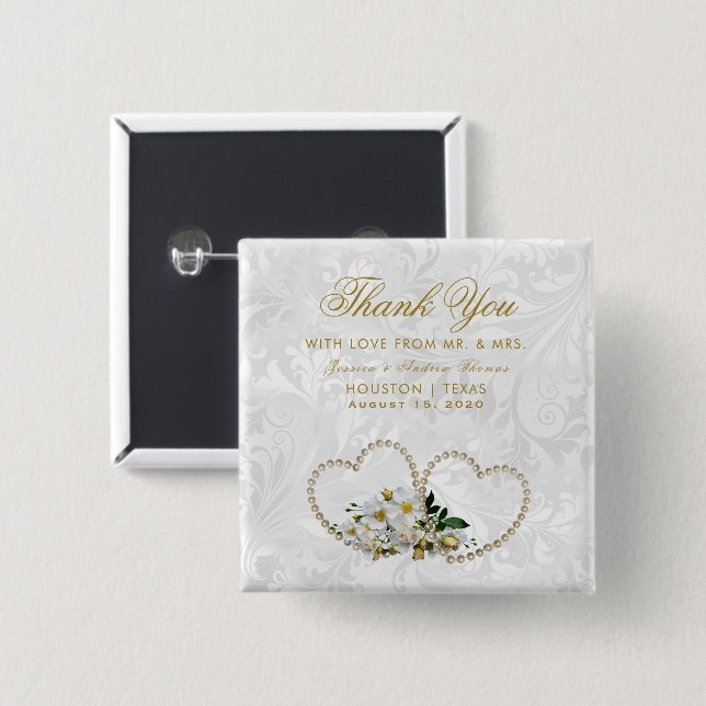 Perlen-Herz-u. Blumen-Damast-Gastgeschenk Hochzeit Button (Vorne & Hinten)