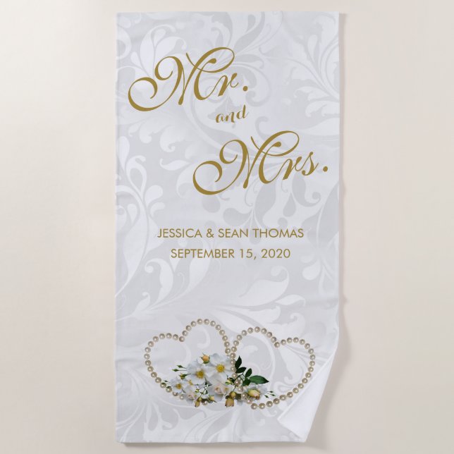 Perlen-Herz-u. Blumen-Damast-Hochzeit Strandtuch (Vorderseite)