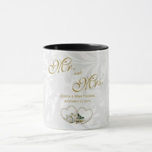 Perlen-Herz-u. Blumen-Damast-Hochzeits-Tag Tasse