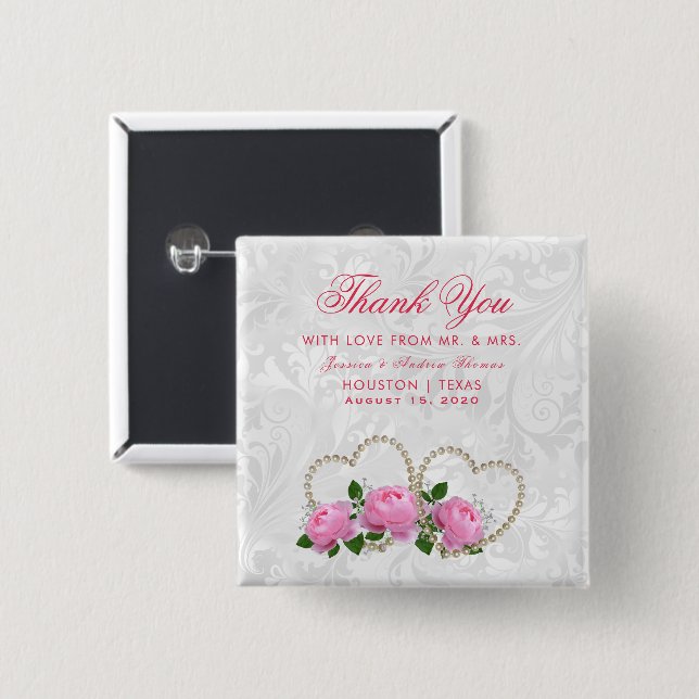 Perlen-Herz-u. Rosen-Damast-Gastgeschenk Hochzeit Button (Vorne & Hinten)