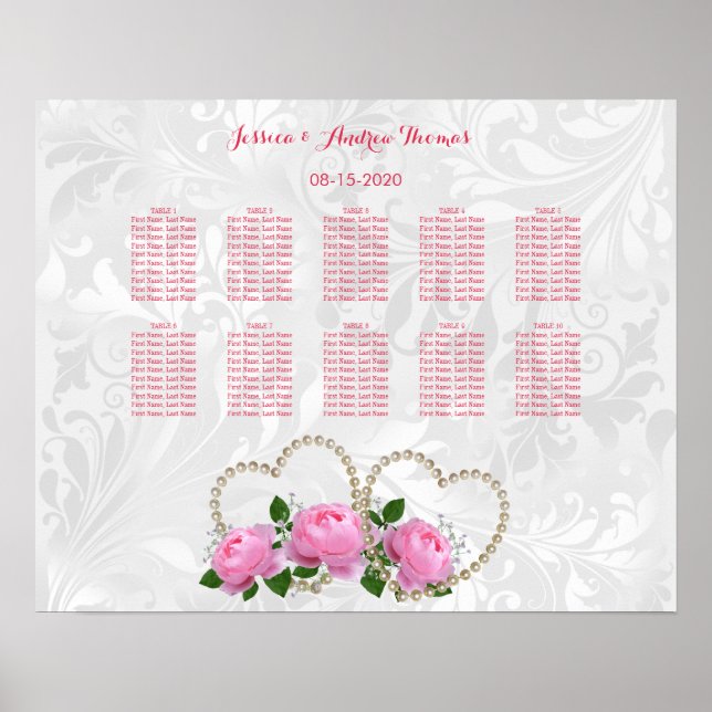 Perlen-Herz-u. Rosen-Damast-Hochzeit Poster (Vorne)