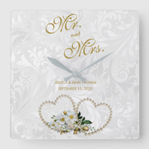 Perlen-Herzen und Blumen Damast-Hochzeit Quadratische Wanduhr