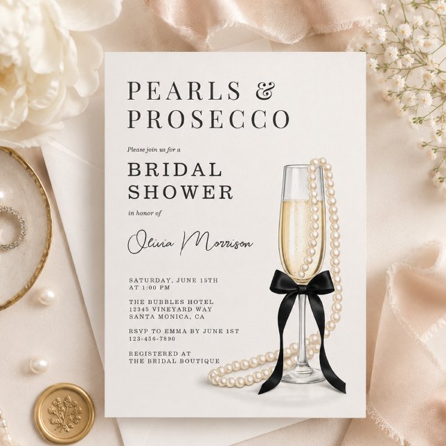 Perlen & Prosecco Black Coquette Bogen Brautparty Einladung (Von Creator hochgeladen)