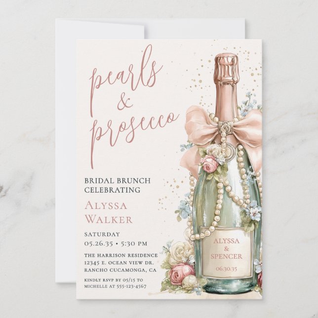Perlen & Prosecco Braut-Brunch Einladung (Vorderseite)