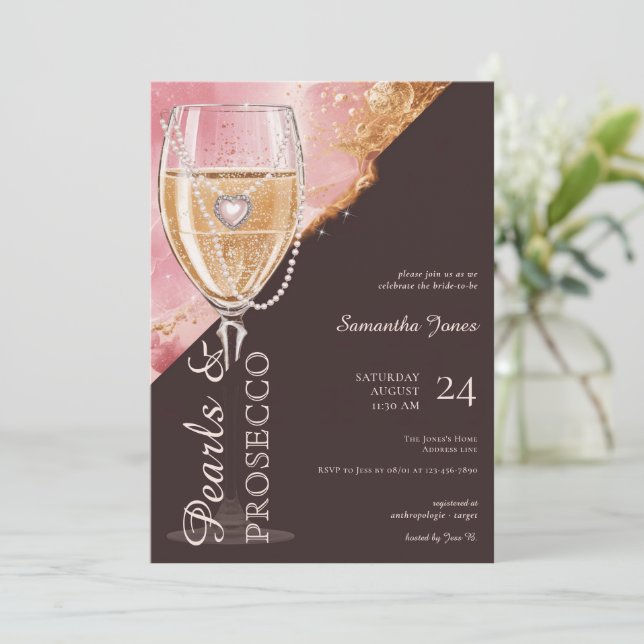 Perlen & Prosecco Brunch und Bubbly Brautparty Einladung (Stehend Vorderseite)