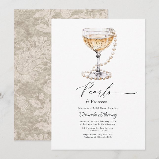 Perlen & Prosecco Champagner-Junggesellinnenabschi Einladung (Vorne/Hinten)