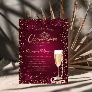 Perlen Prosecco Diamanten BurgunderQuinceañera Einladung
