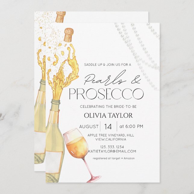 Perlen & Prosecco Elegantes Champagner Brautparty Einladung (Vorne/Hinten)