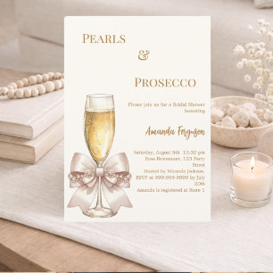 Perlen Prosecco elfenbeinfarben goldene Schleife B Einladung