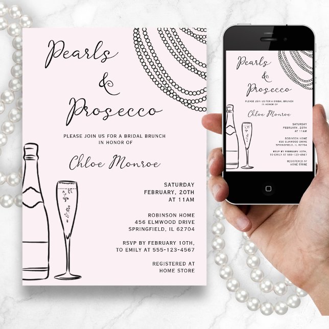 Perlen & Prosecco Moderner rosa Bridal Brunch Einladung (Von Creator hochgeladen)