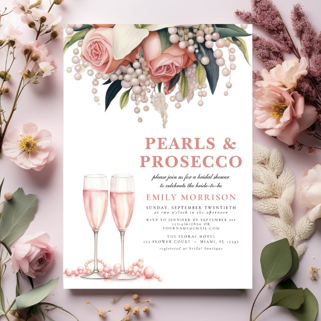 Perlen & Prosecco Modernes rosa Brautparty Einladung (Von Creator hochgeladen)