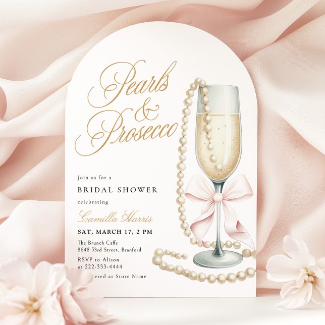 Perlen & Prosecco Rosa Schleife Brautparty Einladung (Von Creator hochgeladen)