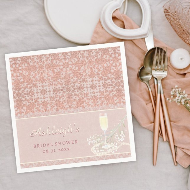 Perlen & Prosecco Rose Gold & Blush Brautparty Serviette (Von Creator hochgeladen)
