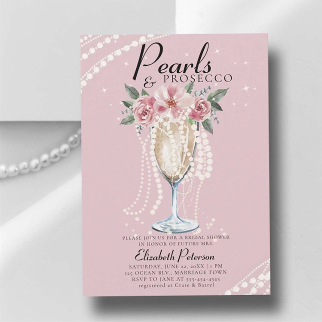 Perlen Prosecco Rose Rosa Rosa Brautparty Einladung (pearls and prosecco bridal shower invitation brunch bubbly champagne garden outdoors modern classy)