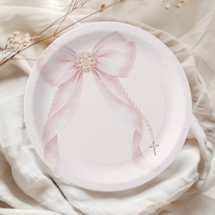 Perlen-Rosa-Schleife Goldkreuz Taufe Pappteller
