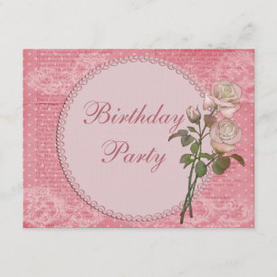 Perlen-u. Spitze-Shabby Chic-Rosen-Geburtstag Einladung