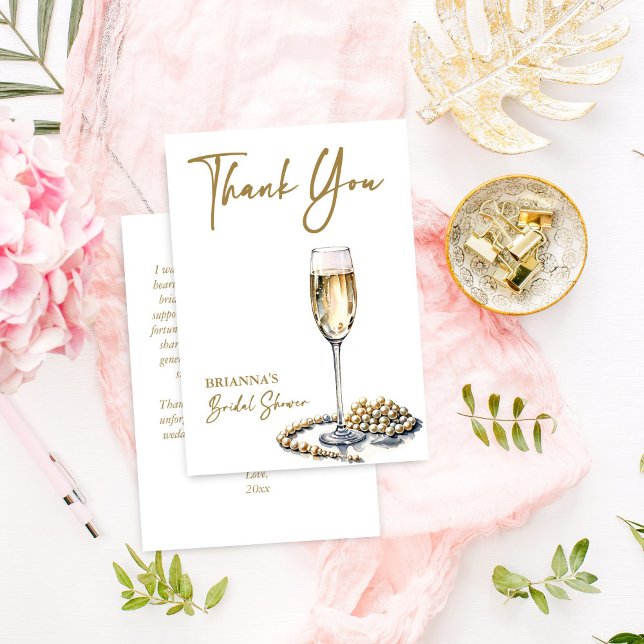 Perlen und Brautparty der Prosecco Dankeskarte (Pearls and prosecco bridal shower elegant thank you cards watercolor champagne glass and pearls)